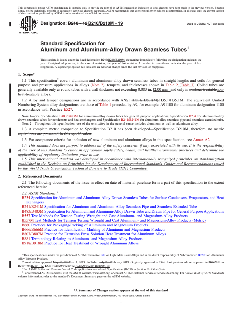 REDLINE ASTM B210/B210M-19 - Standard Specification for  Aluminum and Aluminum-Alloy Drawn Seamless Tubes