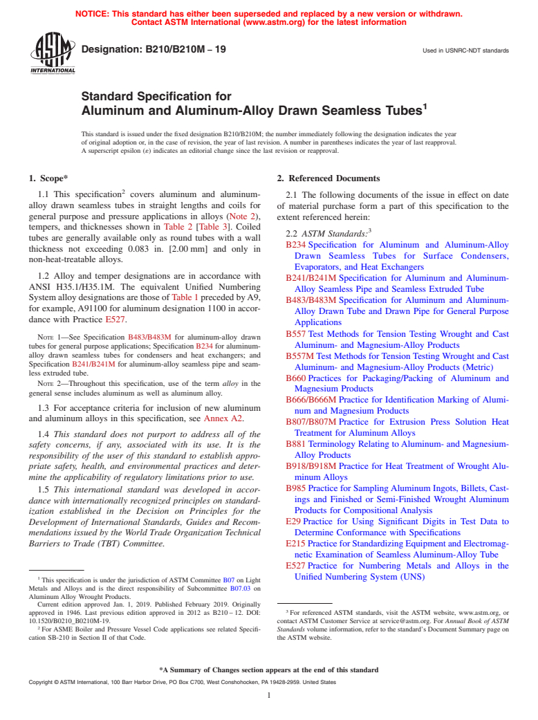 ASTM B210/B210M-19 - Standard Specification for  Aluminum and Aluminum-Alloy Drawn Seamless Tubes