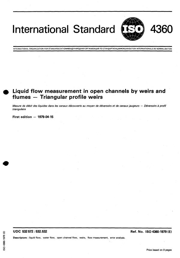 ISO 4360:1979 - Liquid flow measurement in open channels by weirs and flumes -- Triangular profile weirs