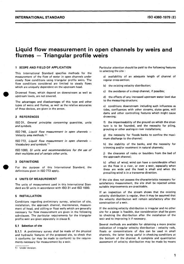 ISO 4360:1979 - Liquid flow measurement in open channels by weirs and flumes -- Triangular profile weirs