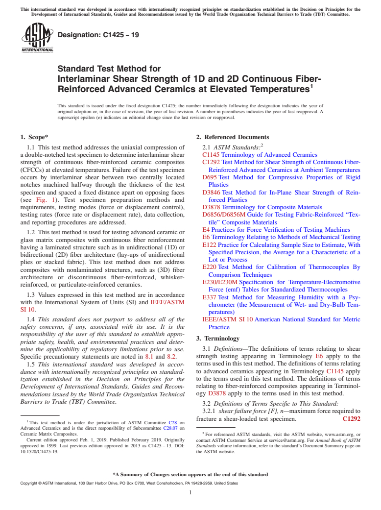 ASTM C1425-19 - Standard Test Method for Interlaminar Shear Strength of 1D and 2D Continuous  Fiber-Reinforced  Advanced Ceramics at Elevated Temperatures