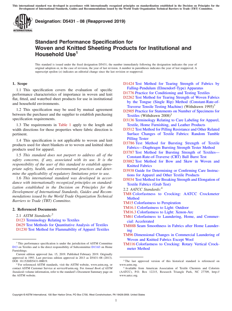 ASTM D5431-08(2019) - Standard Performance Specification for  Woven and Knitted Sheeting Products for Institutional and Household  Use