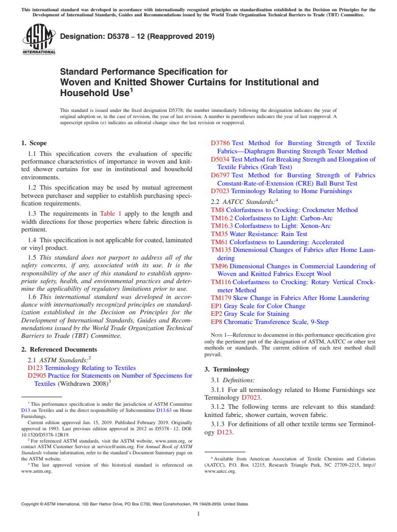 ASTM D5378-12(2019) - Standard Performance Specification for  Woven and Knitted Shower Curtains for Institutional and Household  Use