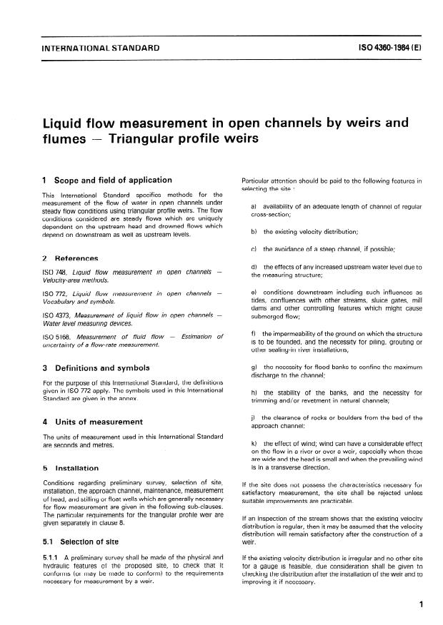 ISO 4360:1984 - Liquid flow measurement in open channels by weirs and flumes -- Triangular profile weirs