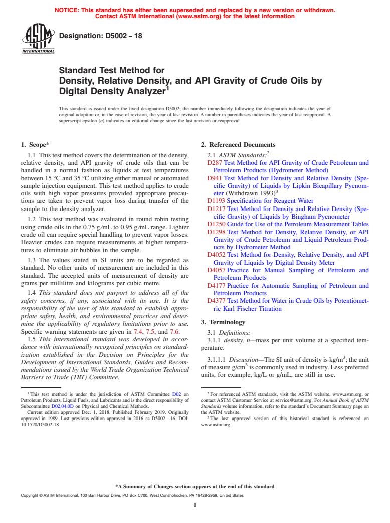 ASTM D5002-18 - Standard Test Method for  Density, Relative Density, and API Gravity of Crude Oils by  Digital Density Analyzer