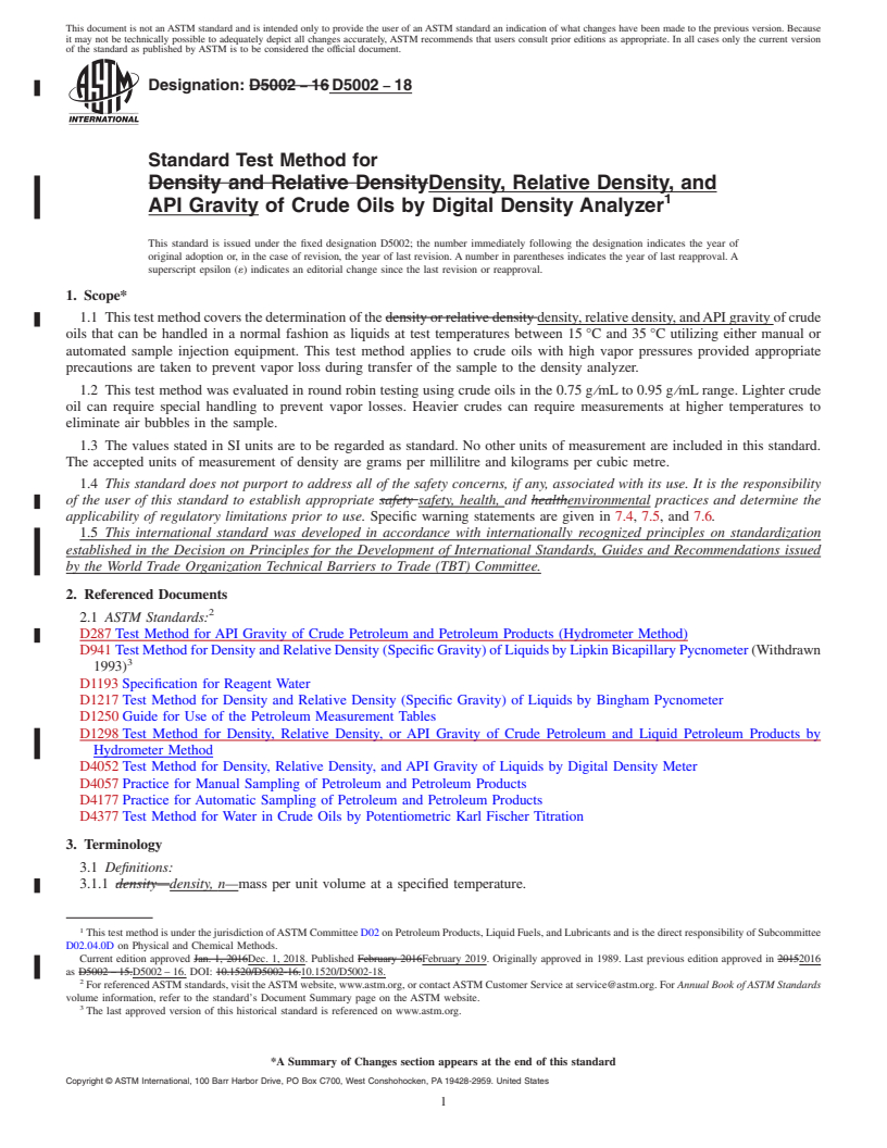 REDLINE ASTM D5002-18 - Standard Test Method for  Density, Relative Density, and API Gravity of Crude Oils by  Digital Density Analyzer