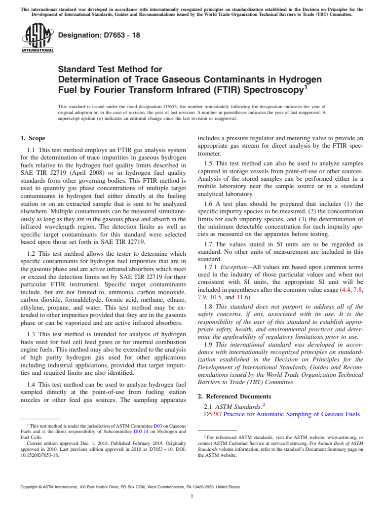 ASTM D7653-18 - Standard Test Method for  Determination of Trace Gaseous Contaminants in Hydrogen Fuel  by Fourier Transform Infrared (FTIR) Spectroscopy