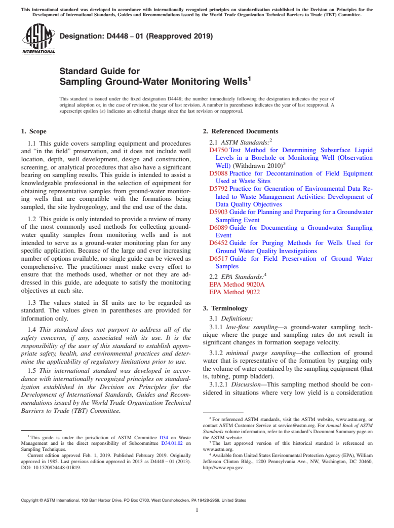 ASTM D4448-01(2019) - Standard Guide for  Sampling Ground-Water Monitoring Wells