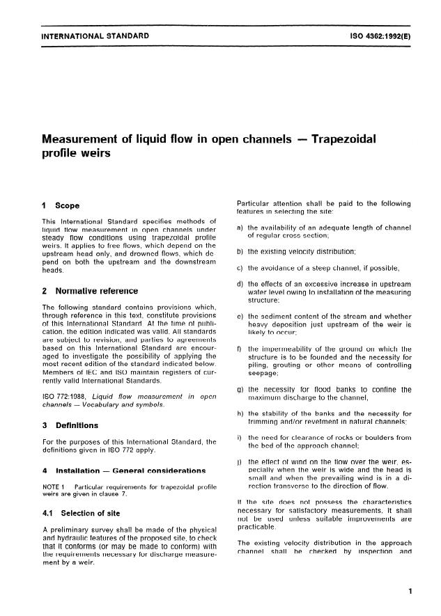 ISO 4362:1992 - Measurement of liquid flow in open channels -- Trapezoidal profile weirs