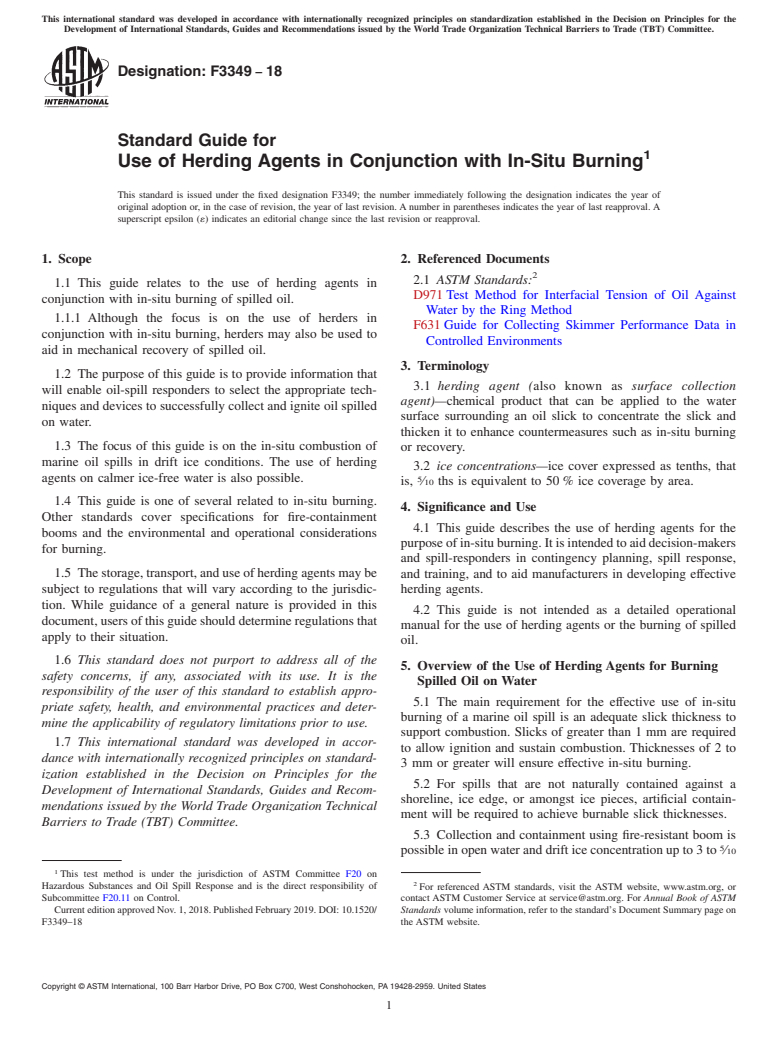 ASTM F3349-18 - Standard Guide for Use of Herding Agents in Conjunction with In-Situ Burning