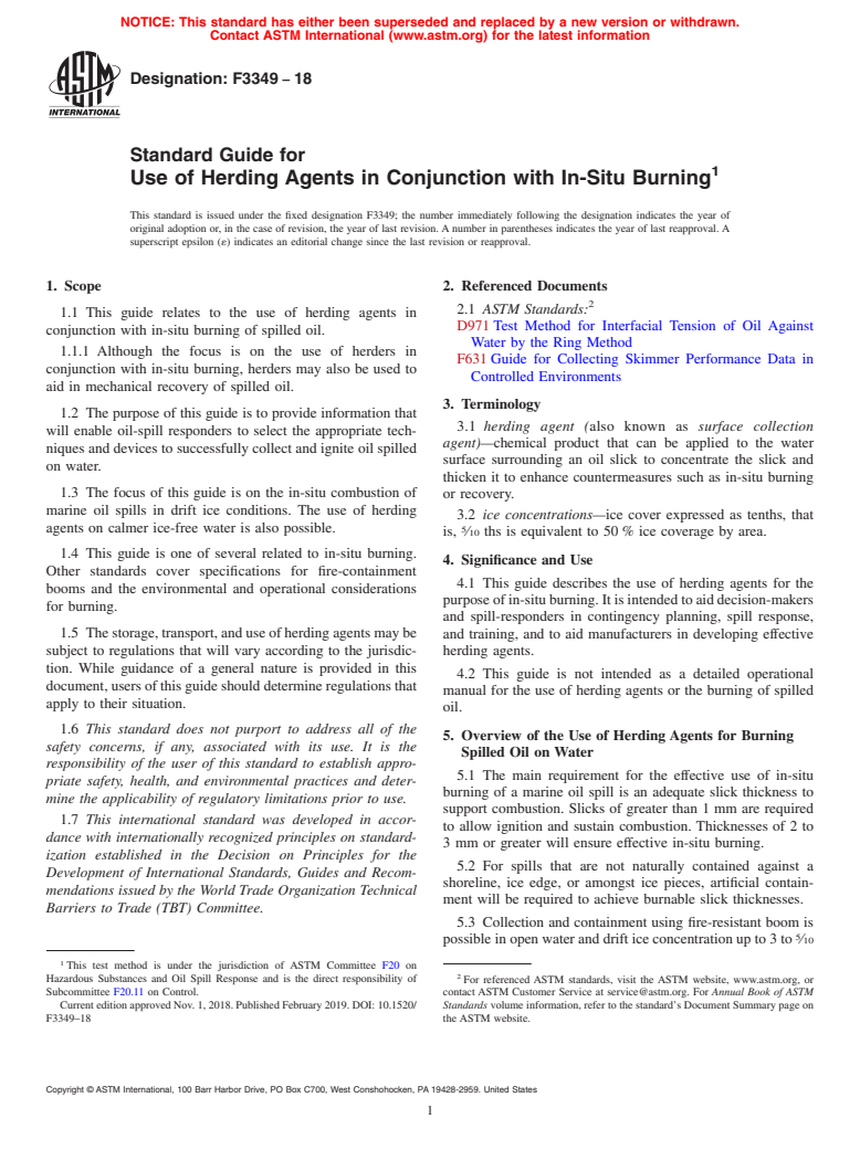 ASTM F3349-18 - Standard Guide for Use of Herding Agents in Conjunction with In-Situ Burning