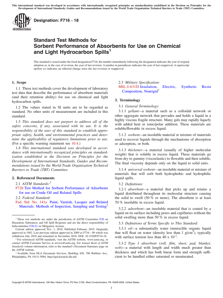 ASTM F716-18 - Standard Test Methods for  Sorbent Performance of Absorbents for Use on Chemical and Light  Hydrocarbon Spills