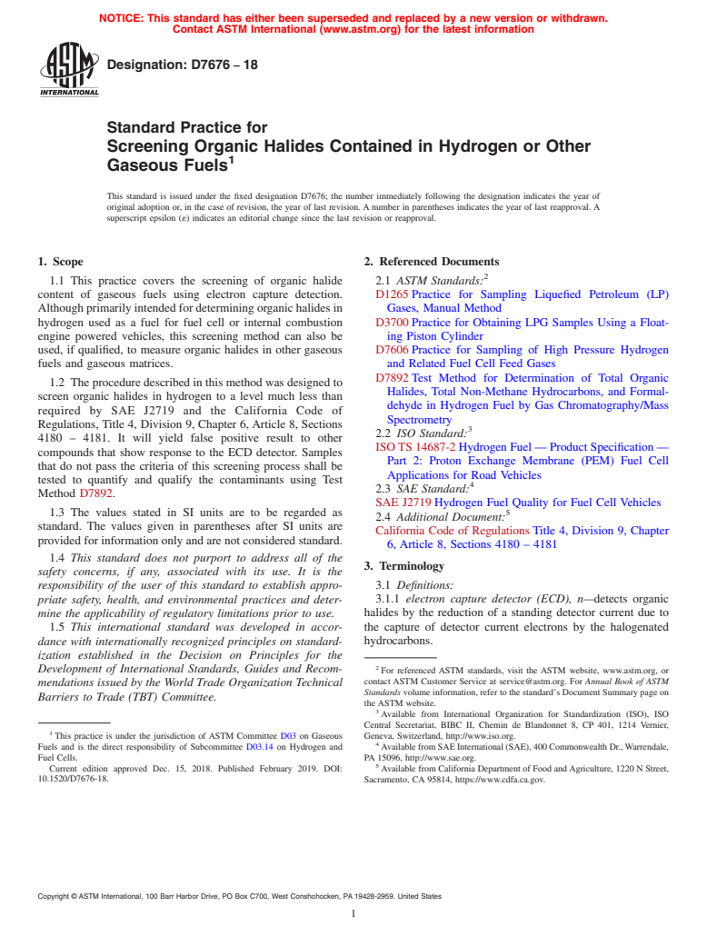 ASTM D7676-18 - Standard Practice for  Screening Organic Halides Contained in Hydrogen or Other Gaseous  Fuels