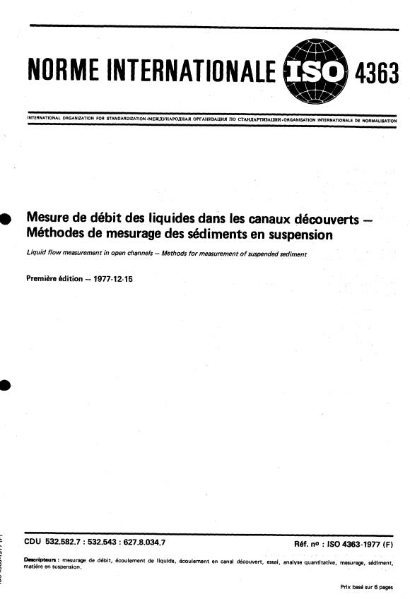 ISO 4363:1977 - Mesure de débit des liquides dans les canaux découverts -- Méthodes de mesurage des sédiments en suspension