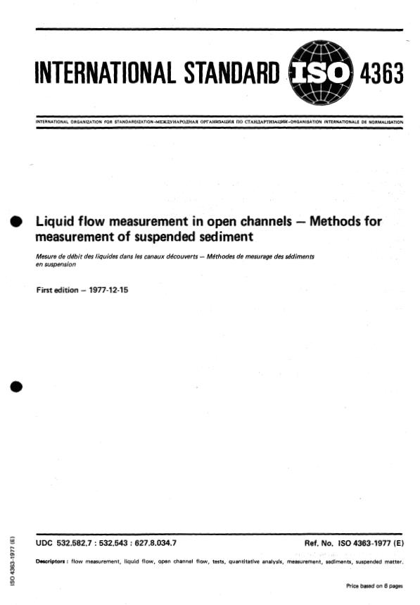 ISO 4363:1977 - Liquid flow measurement in open channels -- Methods for measurement of suspended sediment