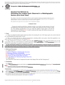 ASTM E930-18 REDLINE ASTM E930-18 - Standard Test Methods for Estimating the Largest Grain Observed in a Metallographic Section (ALA Grain Size) - Page 1 preview