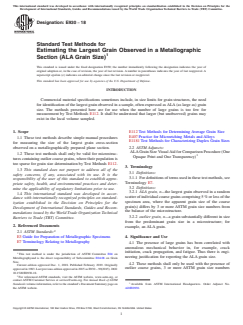 ASTM E930-18 ASTM E930-18 - Standard Test Methods for Estimating the Largest Grain Observed in a Metallographic Section (ALA Grain Size) - Page 1 preview
