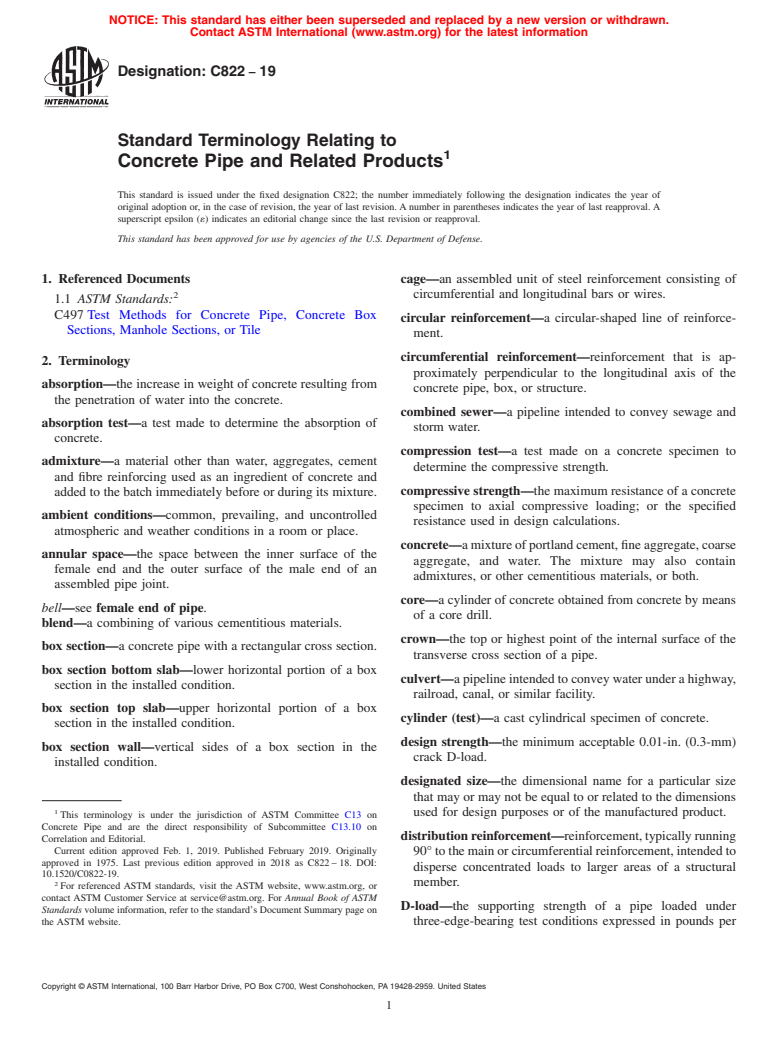 ASTM C822-19 - Standard Terminology Relating to Concrete Pipe and Related Products