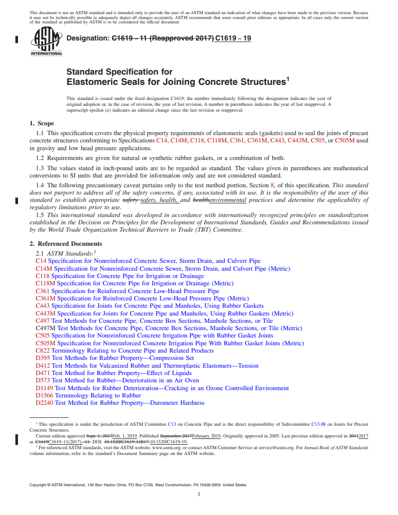 REDLINE ASTM C1619-19 - Standard Specification for Elastomeric Seals for Joining Concrete Structures
