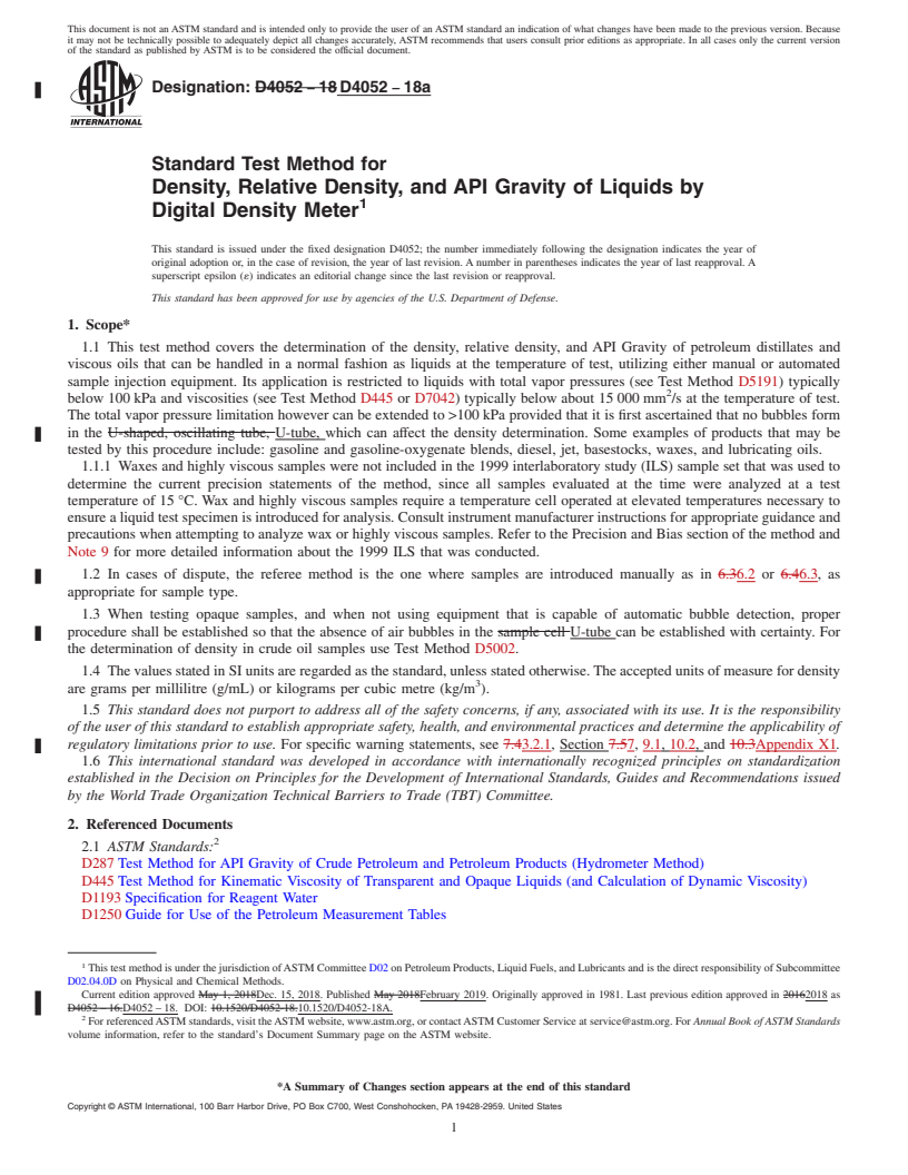 REDLINE ASTM D4052-18a - Standard Test Method for  Density, Relative Density, and API Gravity of Liquids by Digital   Density Meter