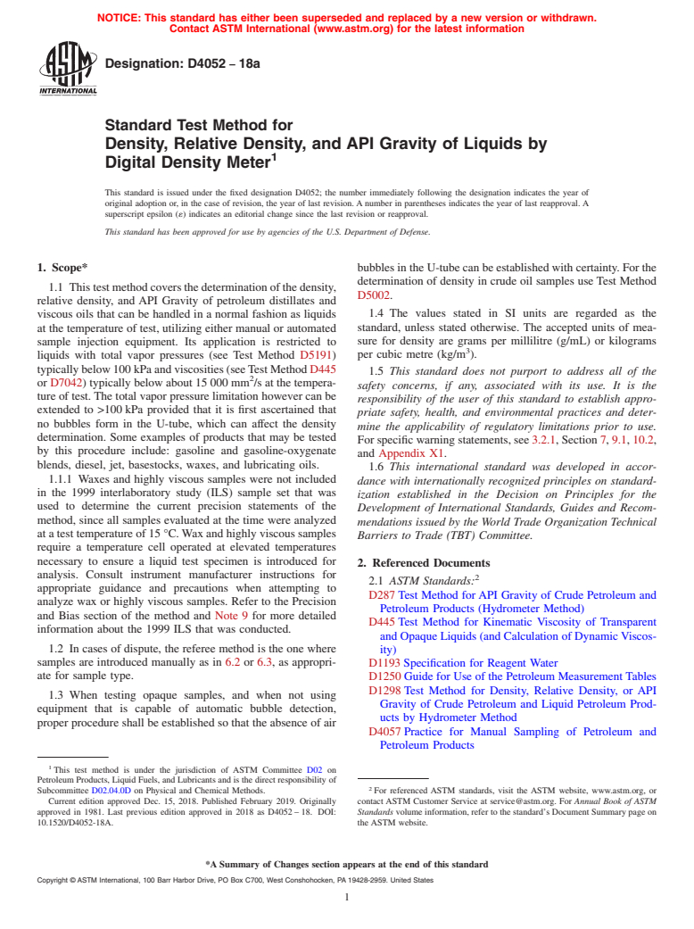 ASTM D4052-18a - Standard Test Method for  Density, Relative Density, and API Gravity of Liquids by Digital   Density Meter