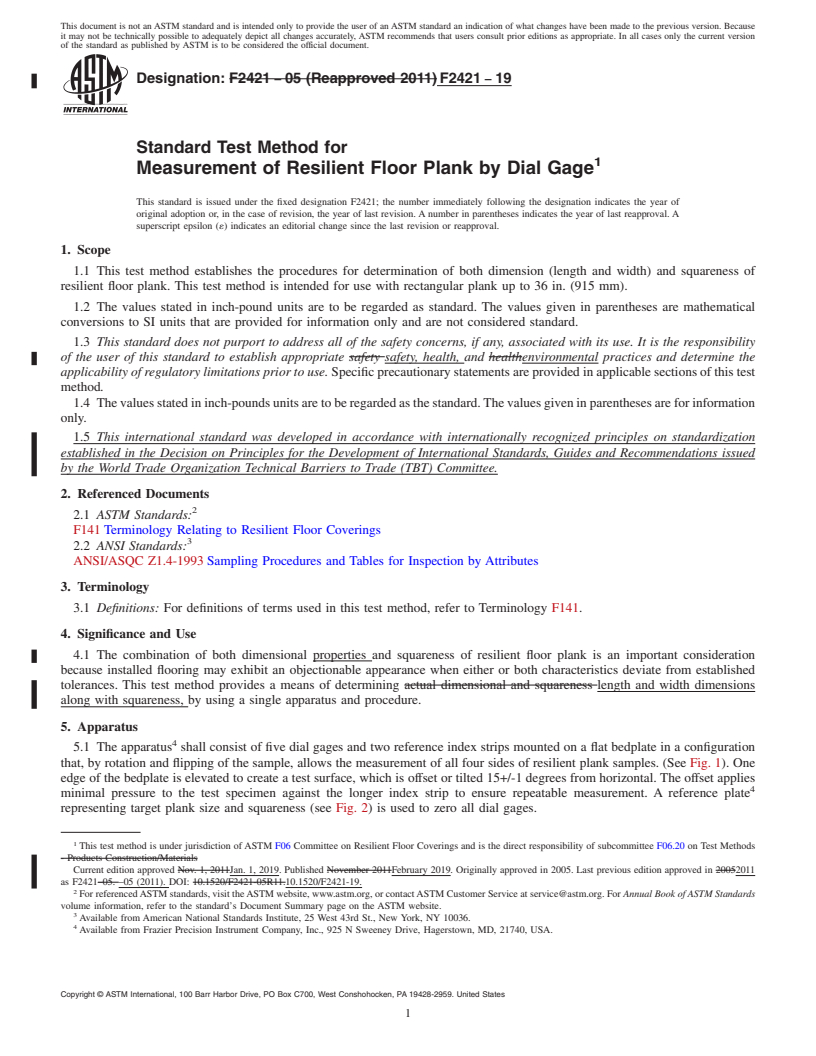 REDLINE ASTM F2421-19 - Standard Test Method for  Measurement of Resilient Floor Plank by Dial Gage
