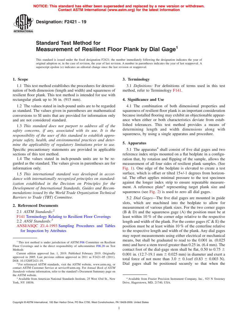 ASTM F2421-19 - Standard Test Method for  Measurement of Resilient Floor Plank by Dial Gage