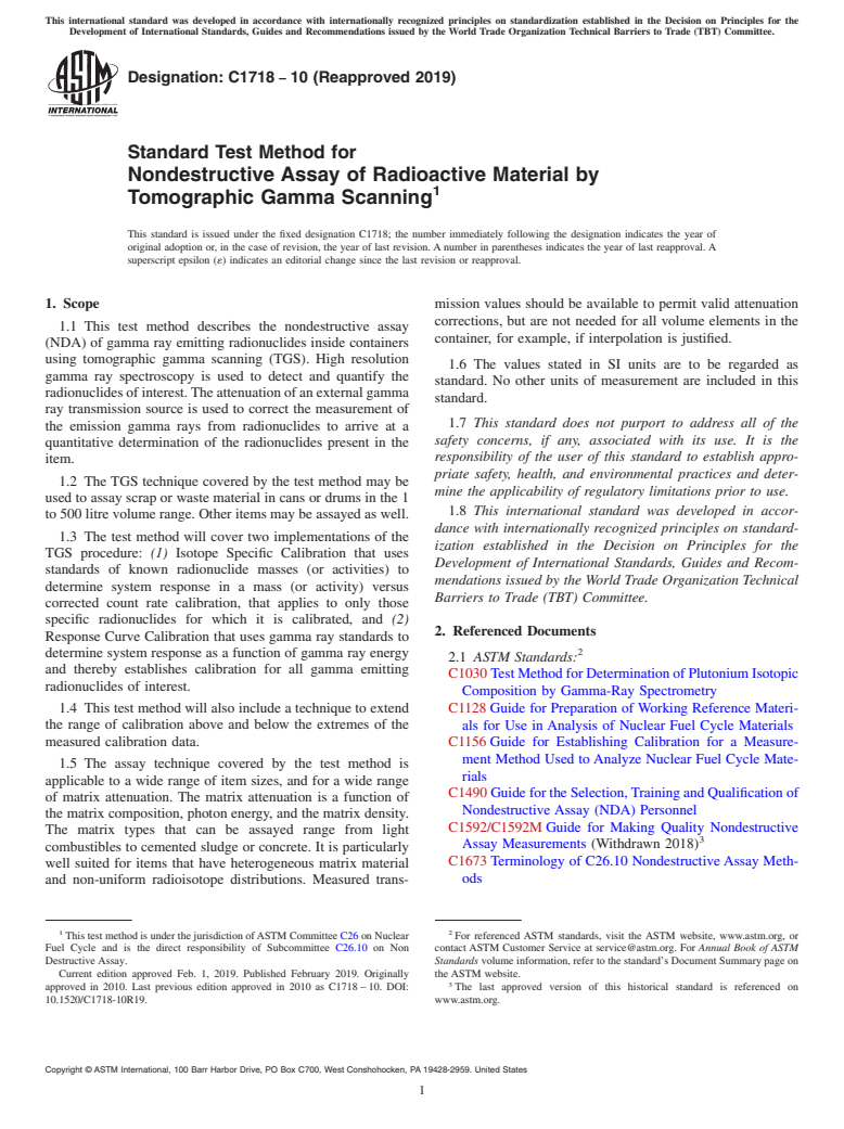 ASTM C1718-10(2019) - Standard Test Method for  Nondestructive Assay of Radioactive Material by Tomographic  Gamma Scanning