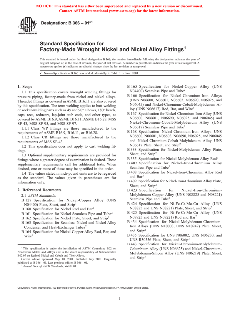 ASTM B366-01e1 - Standard Specification for Factory-Made Wrought Nickel and Nickel Alloy Fittings