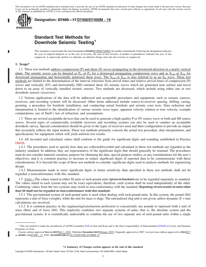 REDLINE ASTM D7400/D7400M-19 - Standard Test Methods for Downhole Seismic Testing