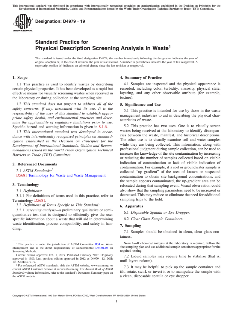 ASTM D4979-19 - Standard Practice for Physical Description Screening Analysis in Waste