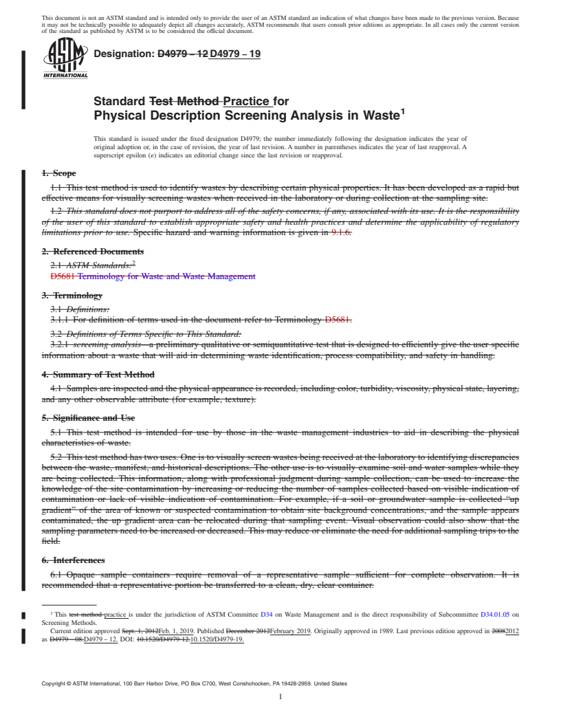 REDLINE ASTM D4979-19 - Standard Practice for Physical Description Screening Analysis in Waste