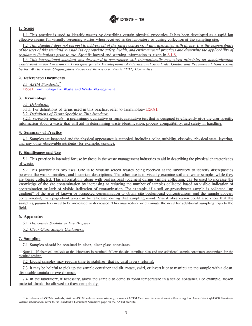 REDLINE ASTM D4979-19 - Standard Practice for Physical Description Screening Analysis in Waste