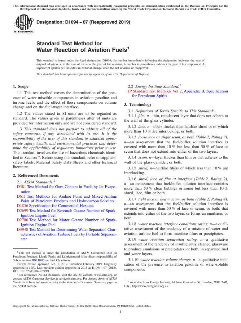 ASTM D1094-07(2019) - Standard Test Method for  Water Reaction of Aviation Fuels