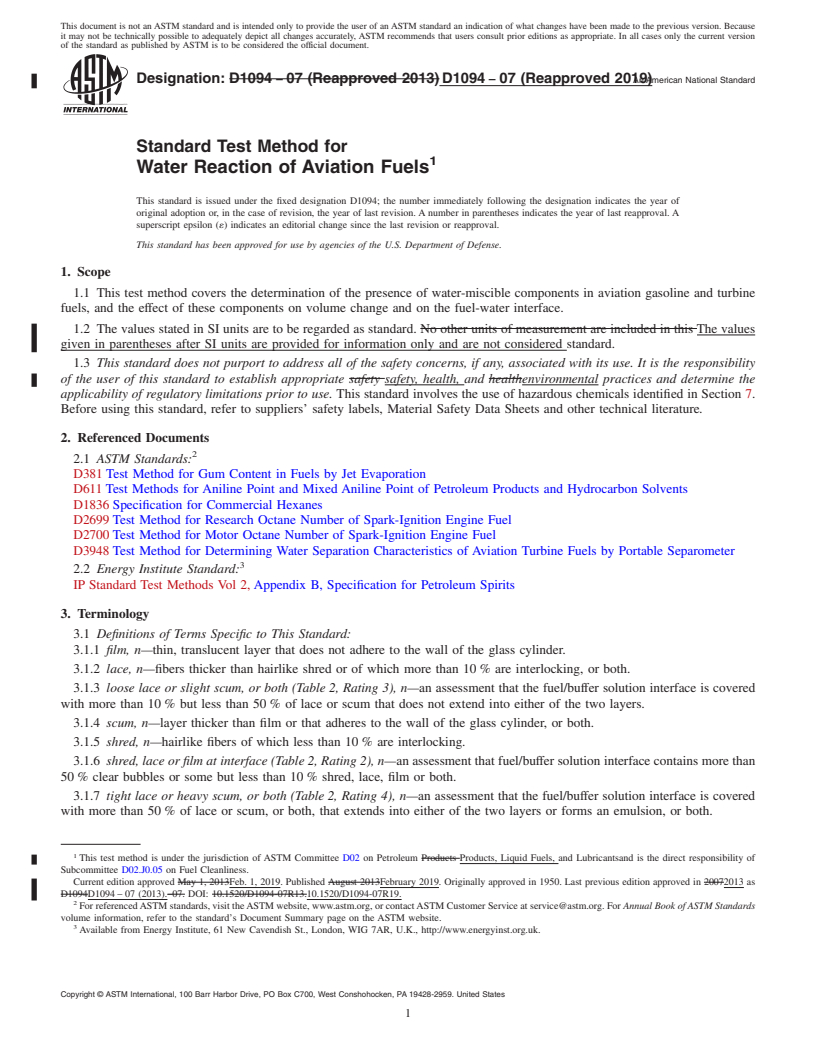 REDLINE ASTM D1094-07(2019) - Standard Test Method for  Water Reaction of Aviation Fuels