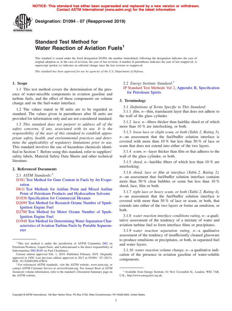 ASTM D1094-07(2019) - Standard Test Method for  Water Reaction of Aviation Fuels