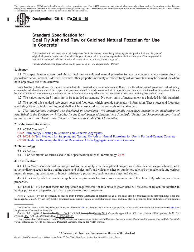 REDLINE ASTM C618-19 - Standard Specification for  Coal Fly Ash and Raw or Calcined Natural Pozzolan for Use in  Concrete