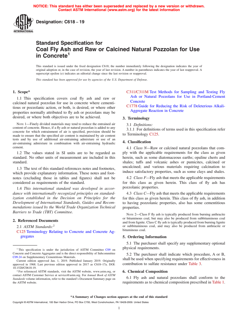 ASTM C618-19 - Standard Specification for  Coal Fly Ash and Raw or Calcined Natural Pozzolan for Use in  Concrete