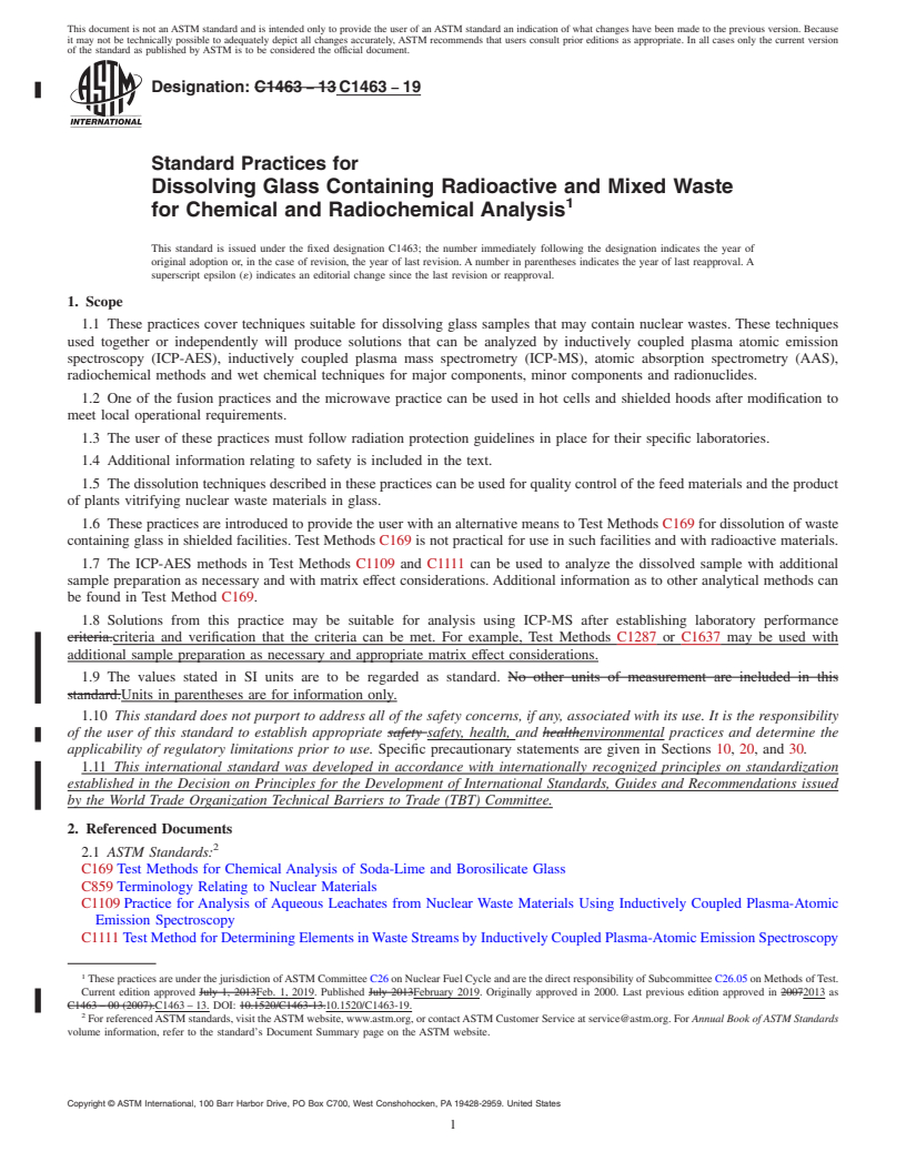 REDLINE ASTM C1463-19 - Standard Practices for  Dissolving Glass Containing Radioactive and Mixed Waste for  Chemical and Radiochemical Analysis