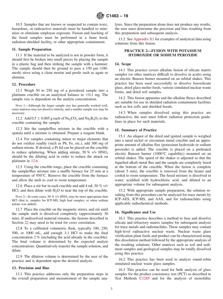 ASTM C1463-19 - Standard Practices for  Dissolving Glass Containing Radioactive and Mixed Waste for  Chemical and Radiochemical Analysis