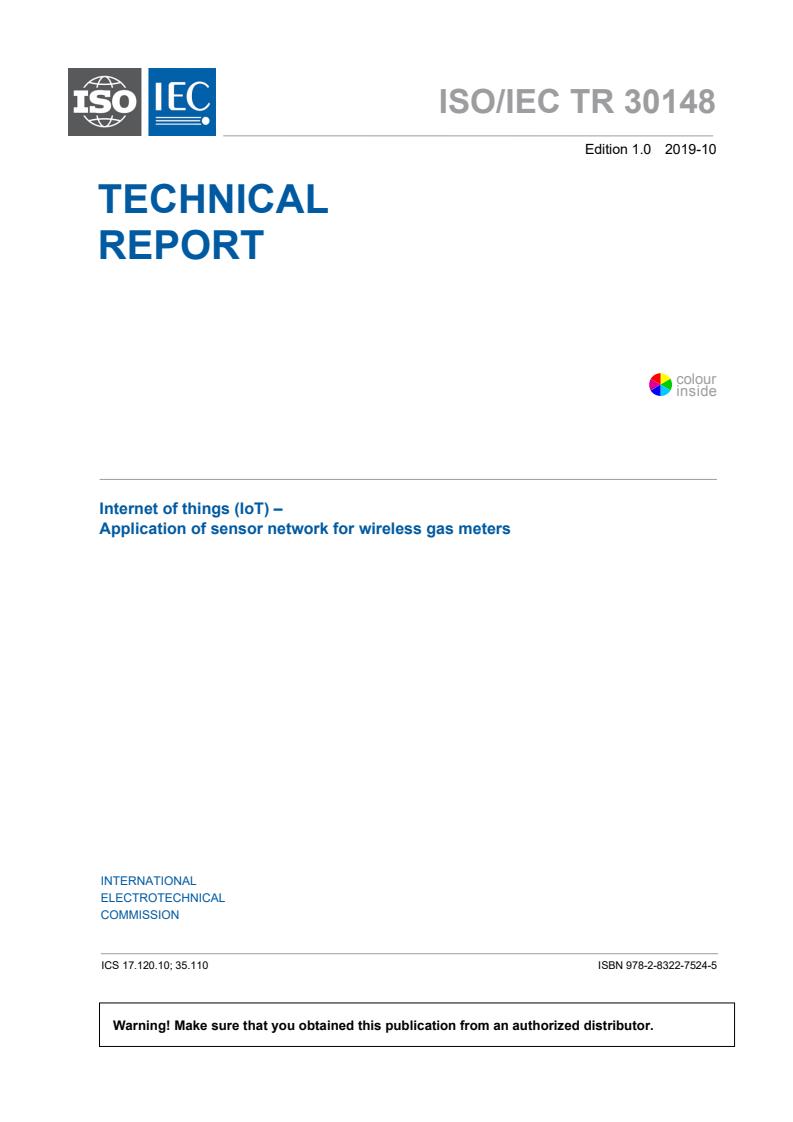 ISO/IEC TR 30148:2019 - Internet of things (IoT) - Application of sensor network for wireless gas meters