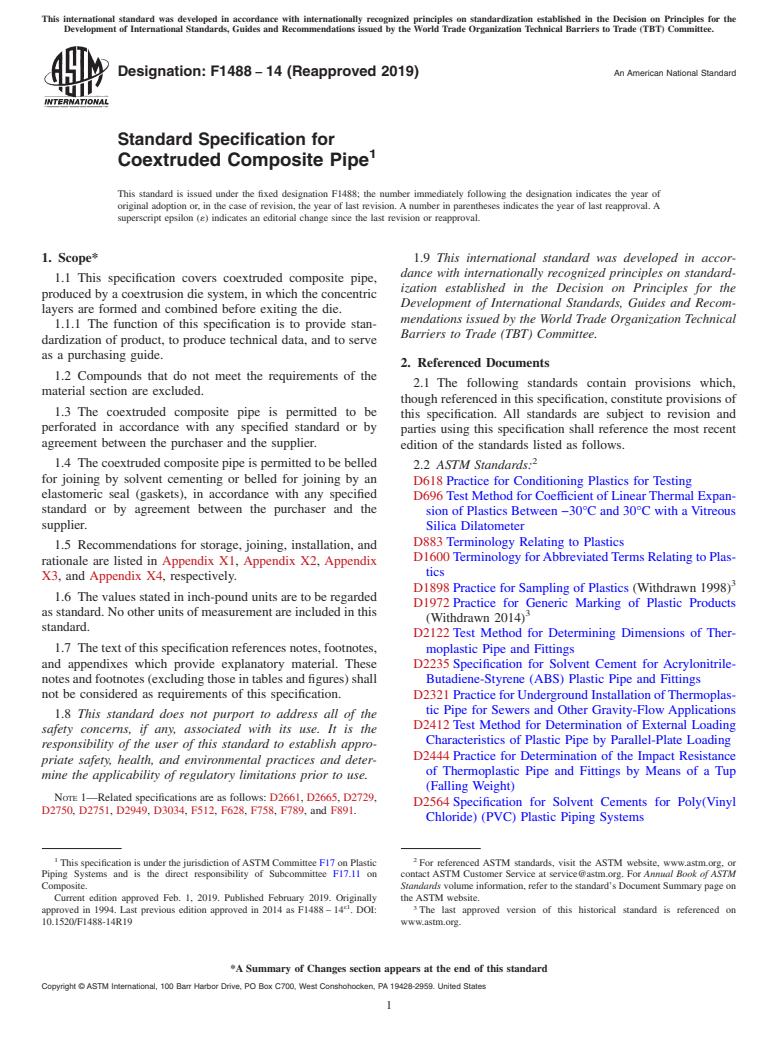 ASTM F1488-14(2019) - Standard Specification for  Coextruded Composite Pipe