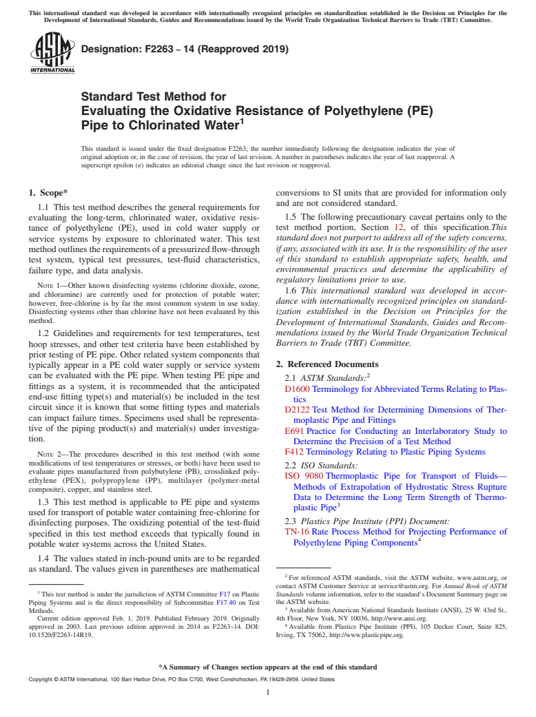 ASTM F2263-14(2019) - Standard Test Method for  Evaluating the Oxidative Resistance of Polyethylene (PE) Pipe   to Chlorinated Water