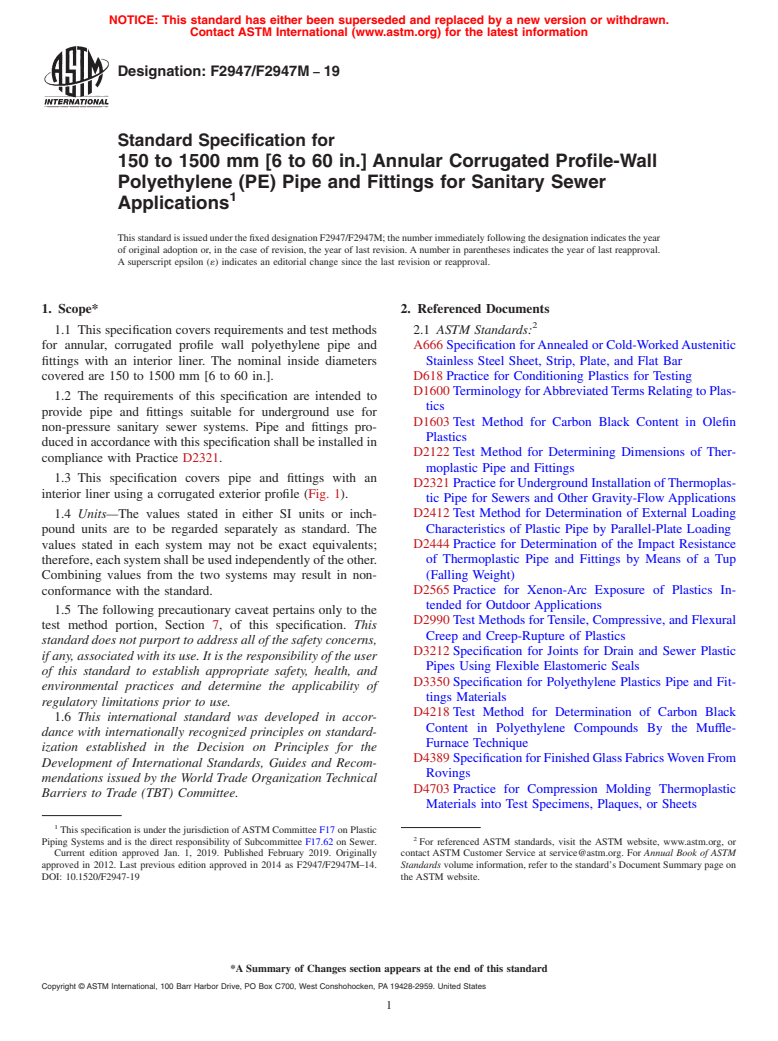 ASTM F2947/F2947M-19 - Standard Specification for 150 to 1500 mm [6 to 60 in.] Annular Corrugated Profile-Wall  Polyethylene (PE) Pipe and Fittings for Sanitary Sewer Applications
