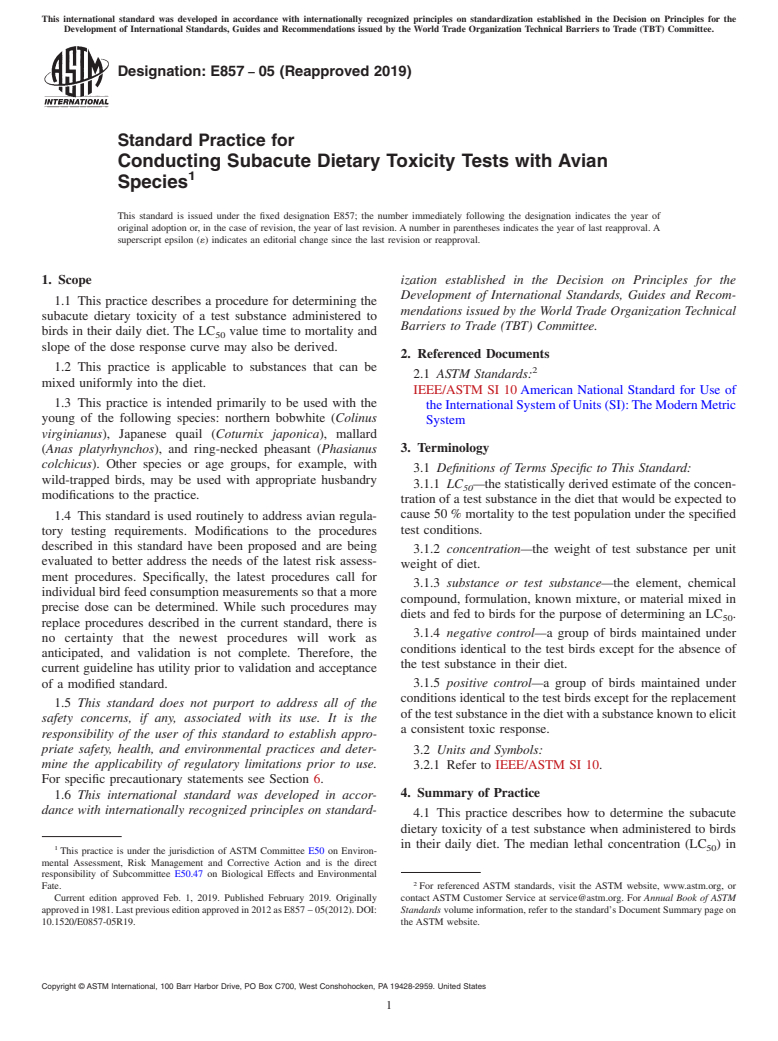 ASTM E857-05(2019) - Standard Practice for  Conducting Subacute Dietary Toxicity Tests with Avian Species