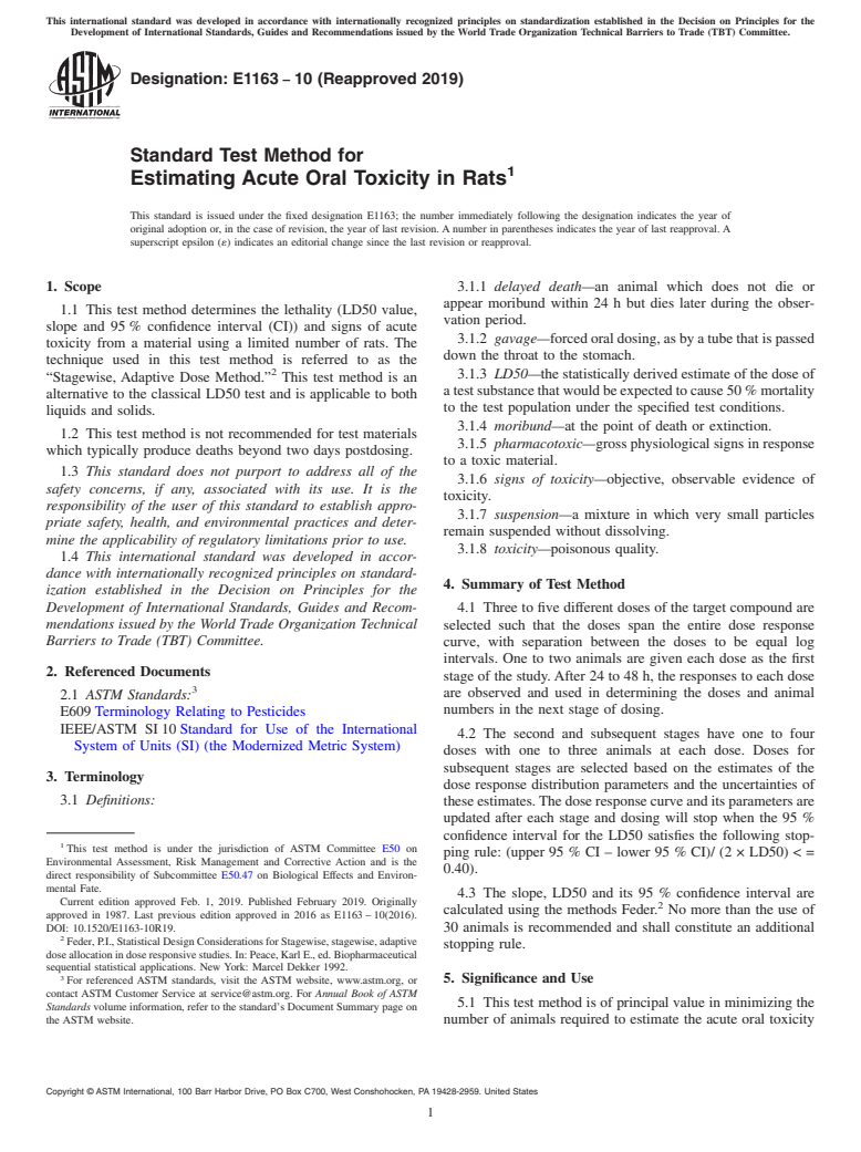 ASTM E1163-10(2019) - Standard Test Method for Estimating Acute Oral Toxicity in Rats