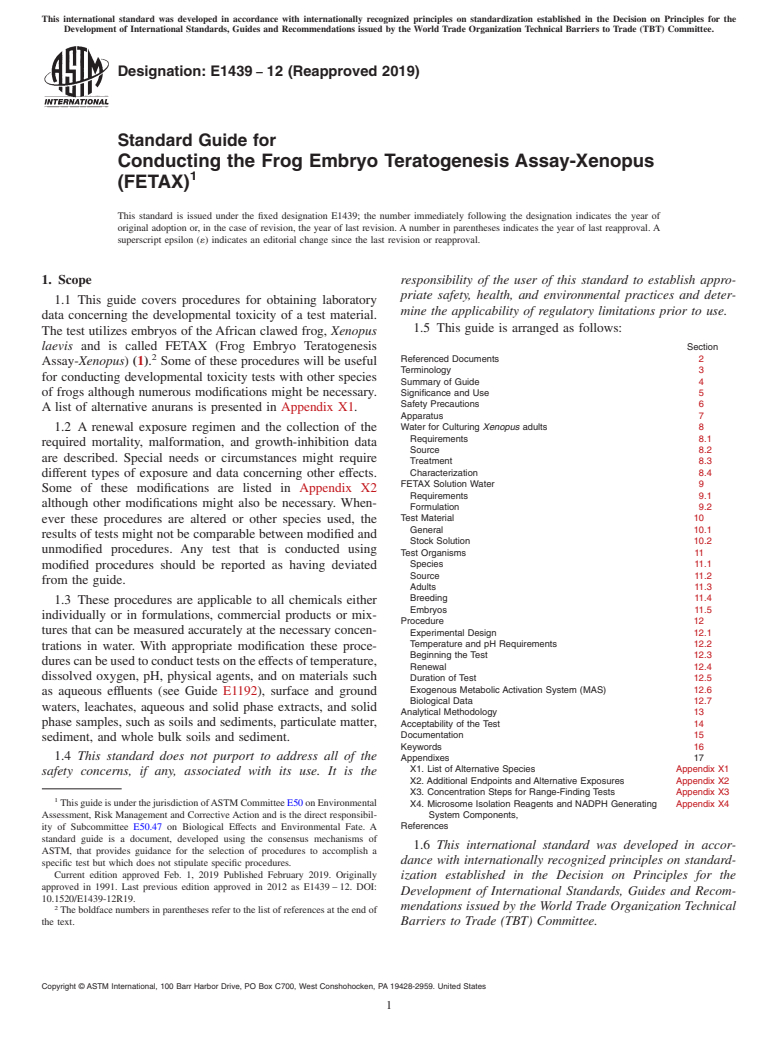 ASTM E1439-12(2019) - Standard Guide for  Conducting the Frog Embryo Teratogenesis Assay-Xenopus (FETAX)