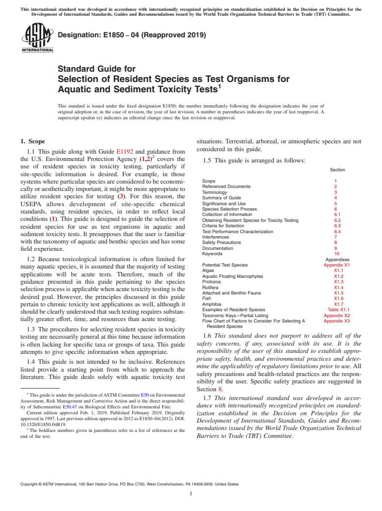 ASTM E1850-04(2019) - Standard Guide for  Selection of Resident Species as Test Organisms for Aquatic  and Sediment Toxicity Tests