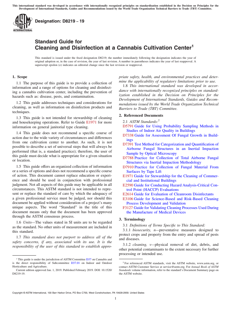 ASTM D8219-19 - Standard Guide for Cleaning and Disinfection at a Cannabis Cultivation Center