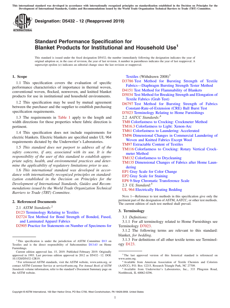 ASTM D5432-12(2019) - Standard Performance Specification for  Blanket Products for Institutional and Household Use